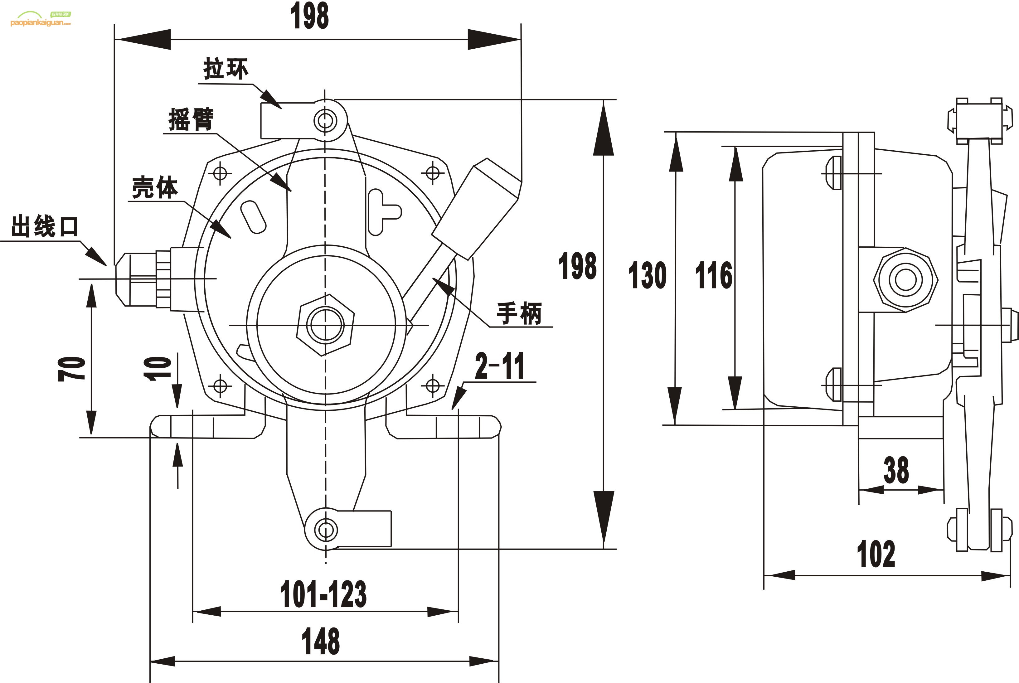 HFKLT2-I手動復(fù)位型拉繩開關(guān)組成結(jié)構(gòu)尺寸圖